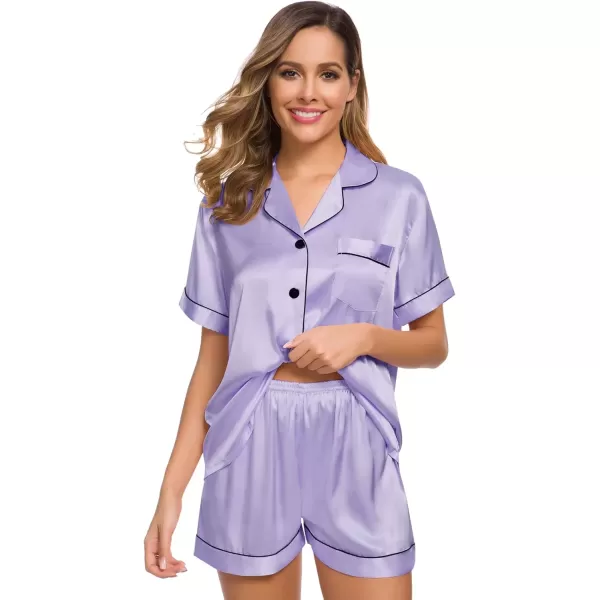 imageSWOMOG Womens Silk Satin Pajamas Set Short Sleeve Sleepwear Button Down Top and Shorts Loungewear 2 Piece Pjs Set XS3XLDeep Lavender