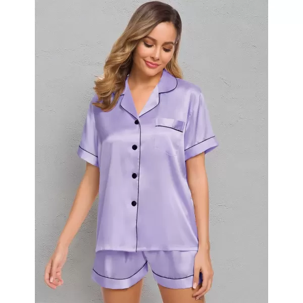 imageSWOMOG Womens Silk Satin Pajamas Set Short Sleeve Sleepwear Button Down Top and Shorts Loungewear 2 Piece Pjs Set XS3XLDeep Lavender