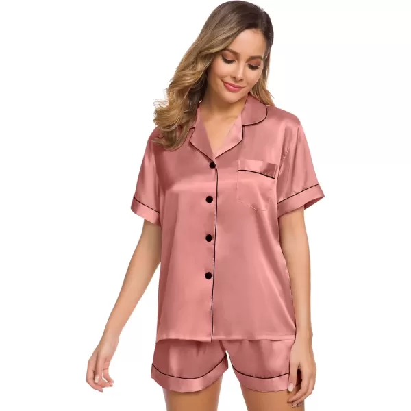 imageSWOMOG Womens Silk Satin Pajamas Set Short Sleeve Sleepwear Button Down Top and Shorts Loungewear 2 Piece Pjs Set XS3XLDeep Misty Rose