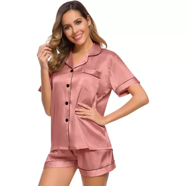 imageSWOMOG Womens Silk Satin Pajamas Set Short Sleeve Sleepwear Button Down Top and Shorts Loungewear 2 Piece Pjs Set XS3XLDeep Misty Rose