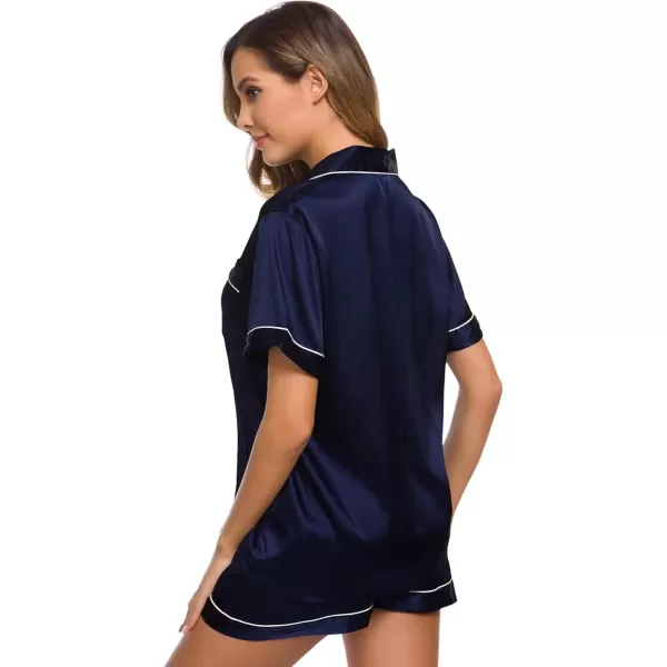 imageSWOMOG Womens Silk Satin Pajamas Set Short Sleeve Sleepwear Button Down Top and Shorts Loungewear 2 Piece Pjs Set XS3XLDeep Navy Blue