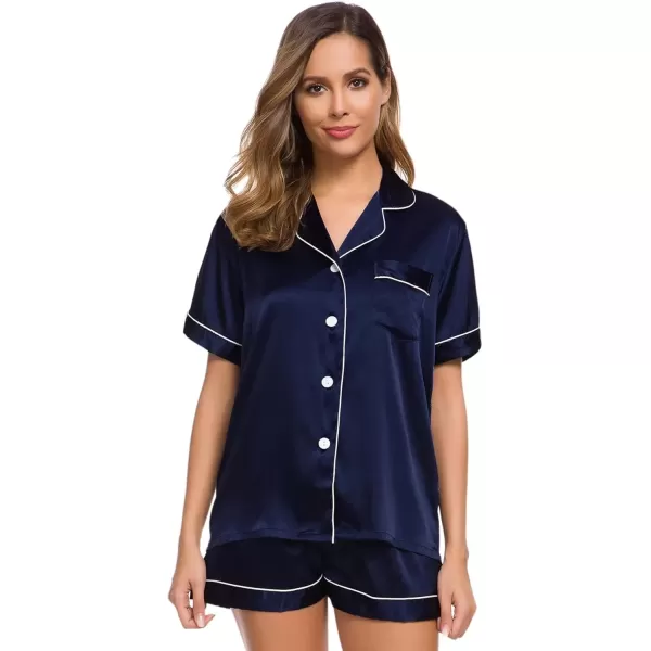 imageSWOMOG Womens Silk Satin Pajamas Set Short Sleeve Sleepwear Button Down Top and Shorts Loungewear 2 Piece Pjs Set XS3XLDeep Navy Blue