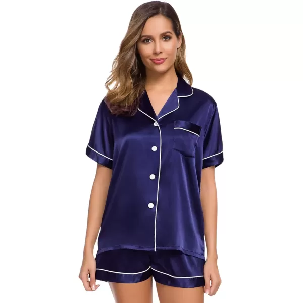 imageSWOMOG Womens Silk Satin Pajamas Set Short Sleeve Sleepwear Button Down Top and Shorts Loungewear 2 Piece Pjs Set XS3XLDeep Sea Blue