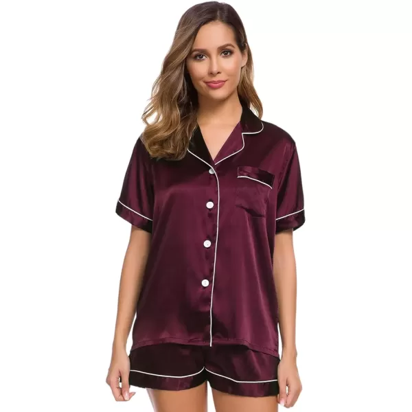 imageSWOMOG Womens Silk Satin Pajamas Set Short Sleeve Sleepwear Button Down Top and Shorts Loungewear 2 Piece Pjs Set XS3XLDeep Wine Red