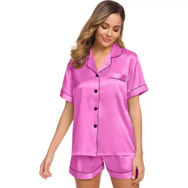 imageSWOMOG Womens Silk Satin Pajamas Set Short Sleeve Sleepwear Button Down Top and Shorts Loungewear 2 Piece Pjs Set XS3XLDolllike Pink