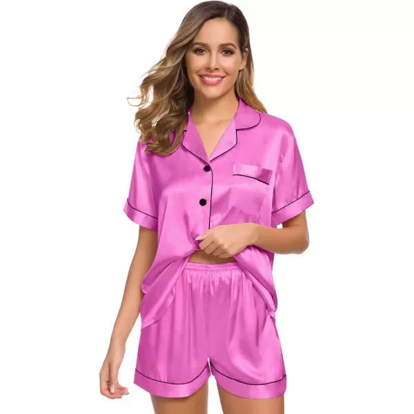 imageSWOMOG Womens Silk Satin Pajamas Set Short Sleeve Sleepwear Button Down Top and Shorts Loungewear 2 Piece Pjs Set XS3XLDolllike Pink