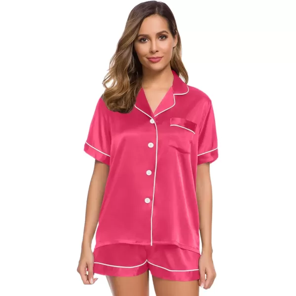 imageSWOMOG Womens Silk Satin Pajamas Set Short Sleeve Sleepwear Button Down Top and Shorts Loungewear 2 Piece Pjs Set XS3XLFandango Pink