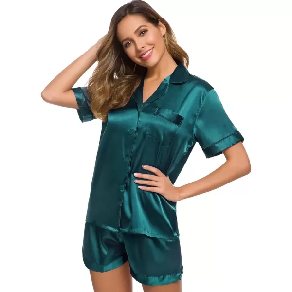 imageSWOMOG Womens Silk Satin Pajamas Set Short Sleeve Sleepwear Button Down Top and Shorts Loungewear 2 Piece Pjs Set XS3XLGreen Solid