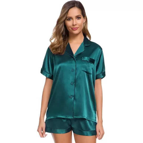 imageSWOMOG Womens Silk Satin Pajamas Set Short Sleeve Sleepwear Button Down Top and Shorts Loungewear 2 Piece Pjs Set XS3XLGreen Solid