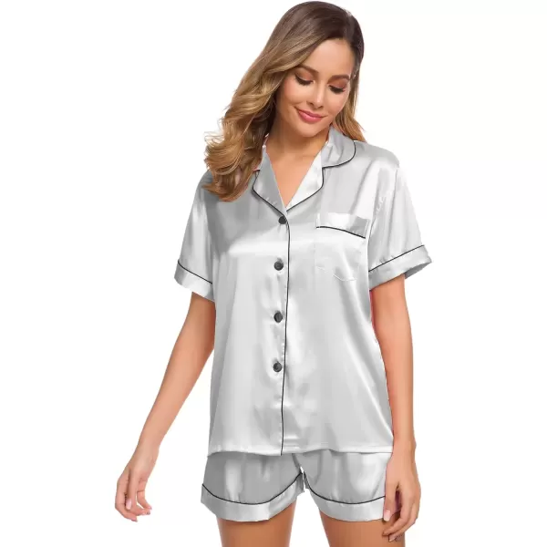 imageSWOMOG Womens Silk Satin Pajamas Set Short Sleeve Sleepwear Button Down Top and Shorts Loungewear 2 Piece Pjs Set XS3XLGrey