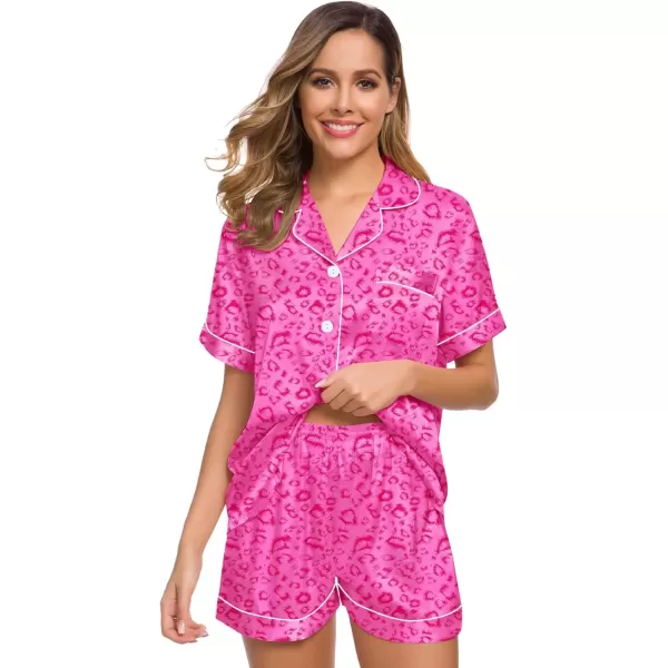imageSWOMOG Womens Silk Satin Pajamas Set Short Sleeve Sleepwear Button Down Top and Shorts Loungewear 2 Piece Pjs Set XS3XLHot Pink Leopard