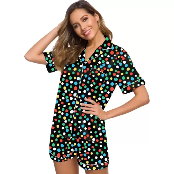 imageSWOMOG Womens Silk Satin Pajamas Set Short Sleeve Sleepwear Button Down Top and Shorts Loungewear 2 Piece Pjs Set XS3XLL Vpainted Dots