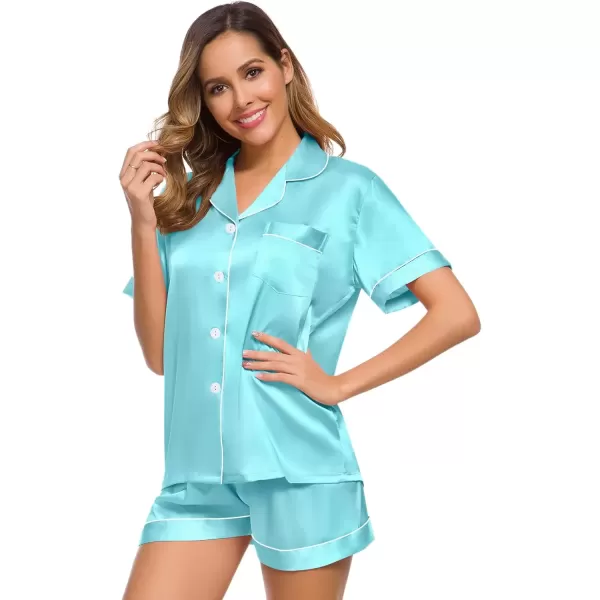 imageSWOMOG Womens Silk Satin Pajamas Set Short Sleeve Sleepwear Button Down Top and Shorts Loungewear 2 Piece Pjs Set XS3XLLake Blue