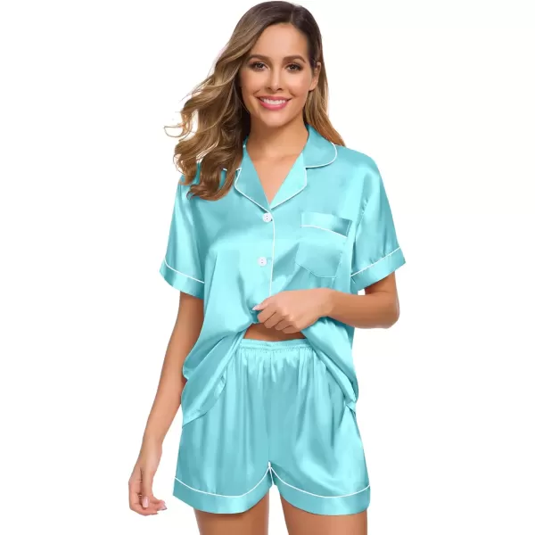 imageSWOMOG Womens Silk Satin Pajamas Set Short Sleeve Sleepwear Button Down Top and Shorts Loungewear 2 Piece Pjs Set XS3XLLake Blue