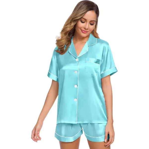 imageSWOMOG Womens Silk Satin Pajamas Set Short Sleeve Sleepwear Button Down Top and Shorts Loungewear 2 Piece Pjs Set XS3XLLake Blue