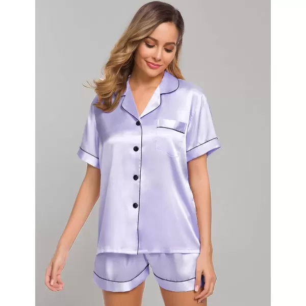 imageSWOMOG Womens Silk Satin Pajamas Set Short Sleeve Sleepwear Button Down Top and Shorts Loungewear 2 Piece Pjs Set XS3XLLavender