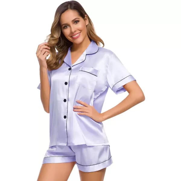 imageSWOMOG Womens Silk Satin Pajamas Set Short Sleeve Sleepwear Button Down Top and Shorts Loungewear 2 Piece Pjs Set XS3XLLavender