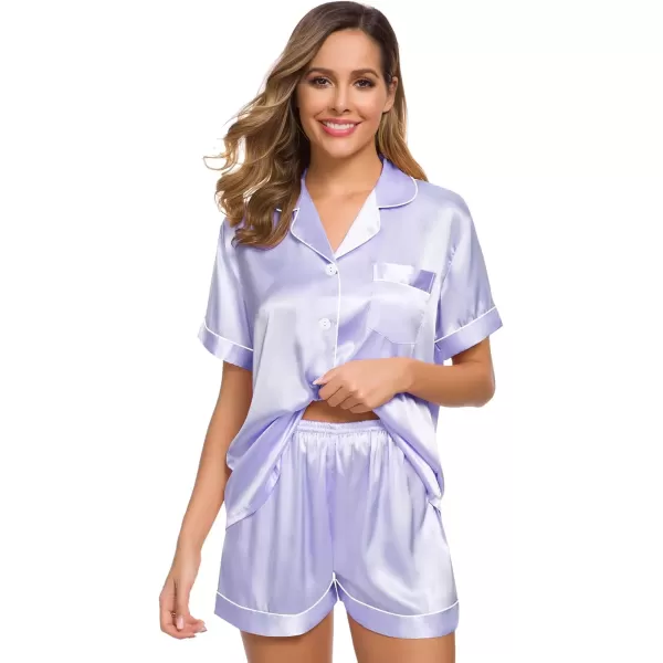 imageSWOMOG Womens Silk Satin Pajamas Set Short Sleeve Sleepwear Button Down Top and Shorts Loungewear 2 Piece Pjs Set XS3XLLavender White Piping