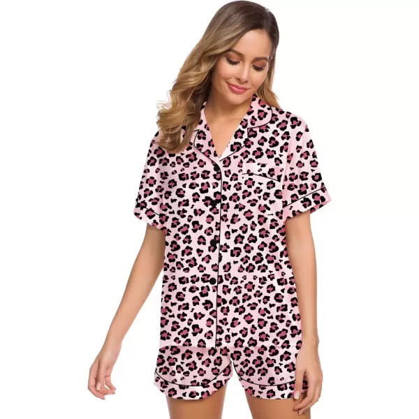 imageSWOMOG Womens Silk Satin Pajamas Set Short Sleeve Sleepwear Button Down Top and Shorts Loungewear 2 Piece Pjs Set XS3XLLeopard