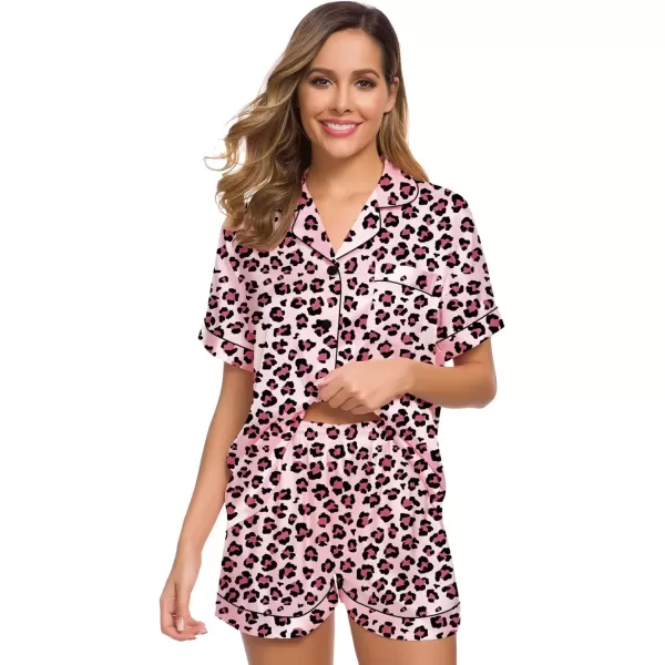 imageSWOMOG Womens Silk Satin Pajamas Set Short Sleeve Sleepwear Button Down Top and Shorts Loungewear 2 Piece Pjs Set XS3XLLeopard