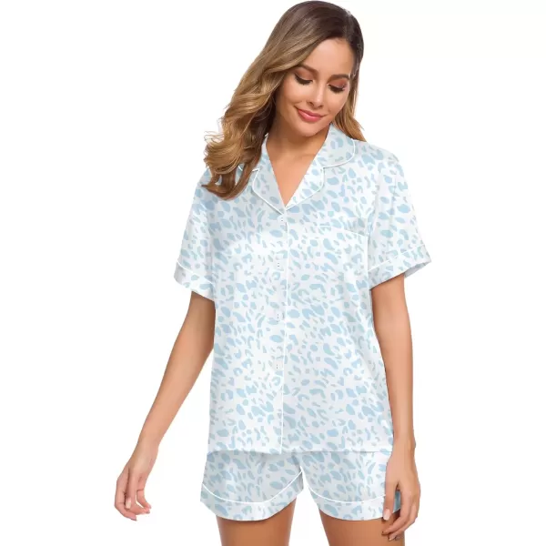 imageSWOMOG Womens Silk Satin Pajamas Set Short Sleeve Sleepwear Button Down Top and Shorts Loungewear 2 Piece Pjs Set XS3XLLeopard Blue