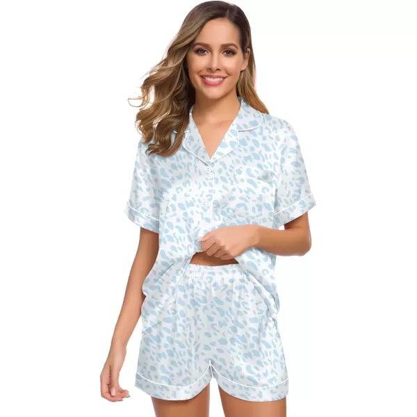 imageSWOMOG Womens Silk Satin Pajamas Set Short Sleeve Sleepwear Button Down Top and Shorts Loungewear 2 Piece Pjs Set XS3XLLeopard Blue