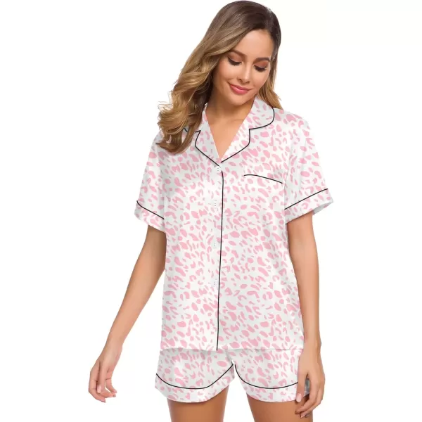 imageSWOMOG Womens Silk Satin Pajamas Set Short Sleeve Sleepwear Button Down Top and Shorts Loungewear 2 Piece Pjs Set XS3XLLeopard Pink