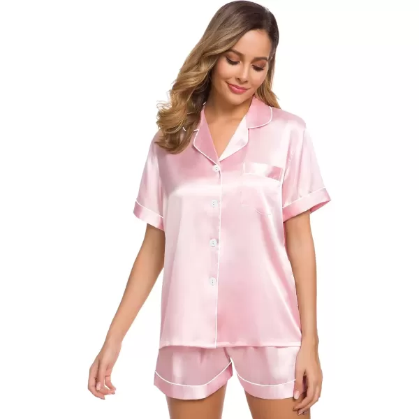 imageSWOMOG Womens Silk Satin Pajamas Set Short Sleeve Sleepwear Button Down Top and Shorts Loungewear 2 Piece Pjs Set XS3XLLight Pink