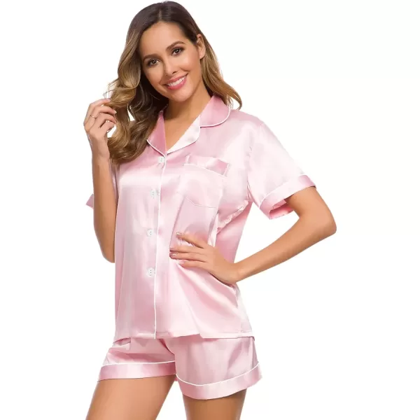 imageSWOMOG Womens Silk Satin Pajamas Set Short Sleeve Sleepwear Button Down Top and Shorts Loungewear 2 Piece Pjs Set XS3XLLight Pink