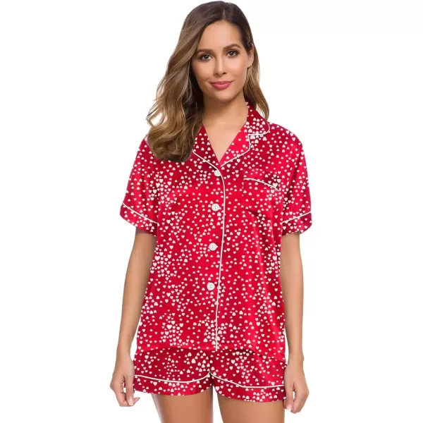 imageSWOMOG Womens Silk Satin Pajamas Set Short Sleeve Sleepwear Button Down Top and Shorts Loungewear 2 Piece Pjs Set XS3XLLipstick Red Mini Hearts