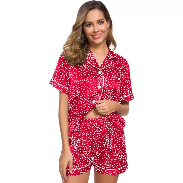 imageSWOMOG Womens Silk Satin Pajamas Set Short Sleeve Sleepwear Button Down Top and Shorts Loungewear 2 Piece Pjs Set XS3XLLipstick Red Mini Hearts