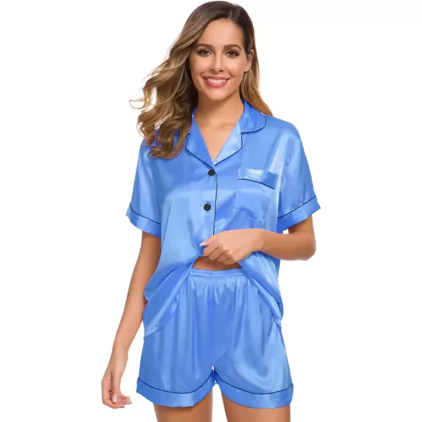 imageSWOMOG Womens Silk Satin Pajamas Set Short Sleeve Sleepwear Button Down Top and Shorts Loungewear 2 Piece Pjs Set XS3XLMarina Blue