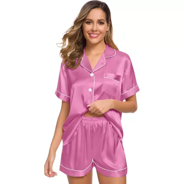 imageSWOMOG Womens Silk Satin Pajamas Set Short Sleeve Sleepwear Button Down Top and Shorts Loungewear 2 Piece Pjs Set XS3XLMauve Pink