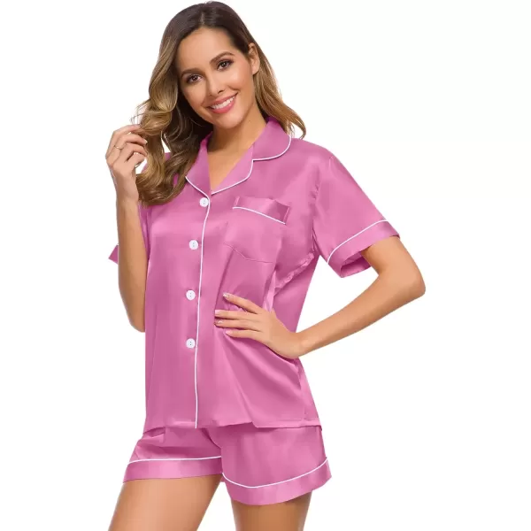 imageSWOMOG Womens Silk Satin Pajamas Set Short Sleeve Sleepwear Button Down Top and Shorts Loungewear 2 Piece Pjs Set XS3XLMauve Pink