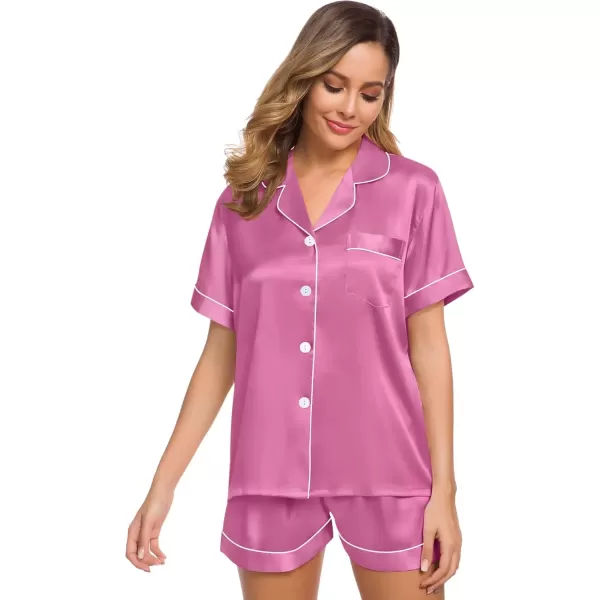 imageSWOMOG Womens Silk Satin Pajamas Set Short Sleeve Sleepwear Button Down Top and Shorts Loungewear 2 Piece Pjs Set XS3XLMauve Pink