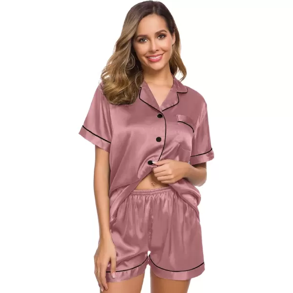 imageSWOMOG Womens Silk Satin Pajamas Set Short Sleeve Sleepwear Button Down Top and Shorts Loungewear 2 Piece Pjs Set XS3XLMisty Rose