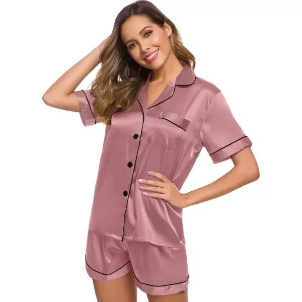 imageSWOMOG Womens Silk Satin Pajamas Set Short Sleeve Sleepwear Button Down Top and Shorts Loungewear 2 Piece Pjs Set XS3XLMisty Rose