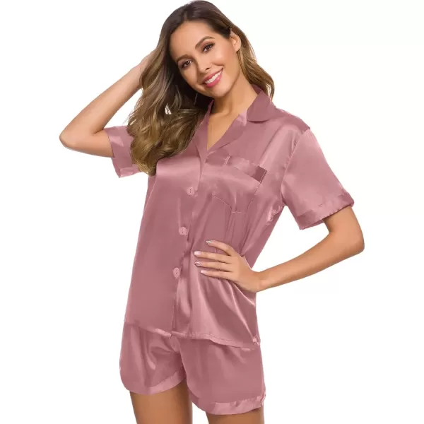 imageSWOMOG Womens Silk Satin Pajamas Set Short Sleeve Sleepwear Button Down Top and Shorts Loungewear 2 Piece Pjs Set XS3XLMisty Rose Solid