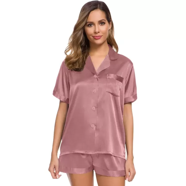 imageSWOMOG Womens Silk Satin Pajamas Set Short Sleeve Sleepwear Button Down Top and Shorts Loungewear 2 Piece Pjs Set XS3XLMisty Rose Solid