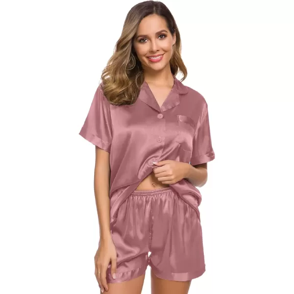 imageSWOMOG Womens Silk Satin Pajamas Set Short Sleeve Sleepwear Button Down Top and Shorts Loungewear 2 Piece Pjs Set XS3XLMisty Rose Solid