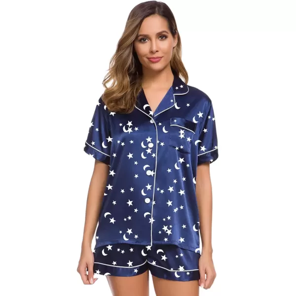 imageSWOMOG Womens Silk Satin Pajamas Set Short Sleeve Sleepwear Button Down Top and Shorts Loungewear 2 Piece Pjs Set XS3XLMoon and Star Navy Blue