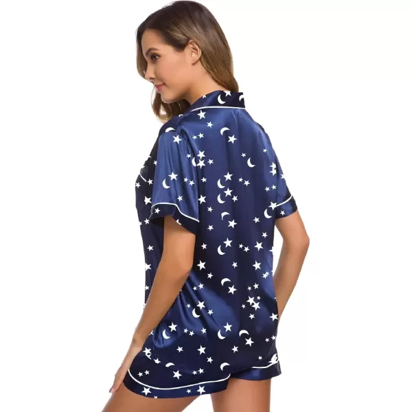 imageSWOMOG Womens Silk Satin Pajamas Set Short Sleeve Sleepwear Button Down Top and Shorts Loungewear 2 Piece Pjs Set XS3XLMoon and Star Navy Blue