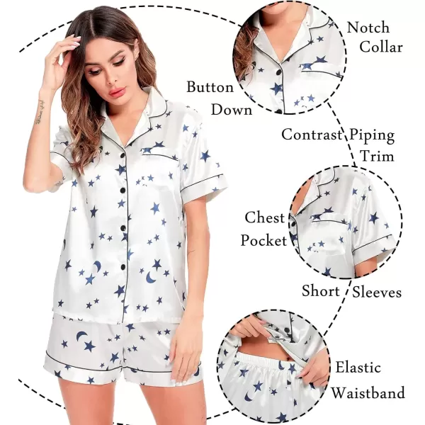 imageSWOMOG Womens Silk Satin Pajamas Set Short Sleeve Sleepwear Button Down Top and Shorts Loungewear 2 Piece Pjs Set XS3XLMoon and Star White