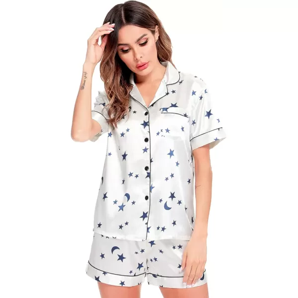 imageSWOMOG Womens Silk Satin Pajamas Set Short Sleeve Sleepwear Button Down Top and Shorts Loungewear 2 Piece Pjs Set XS3XLMoon and Star White