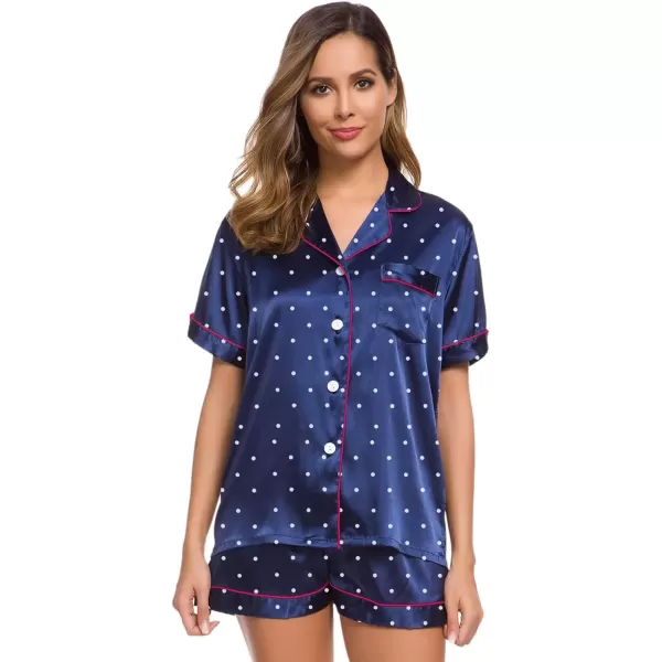 imageSWOMOG Womens Silk Satin Pajamas Set Short Sleeve Sleepwear Button Down Top and Shorts Loungewear 2 Piece Pjs Set XS3XLNavy Blue Dots