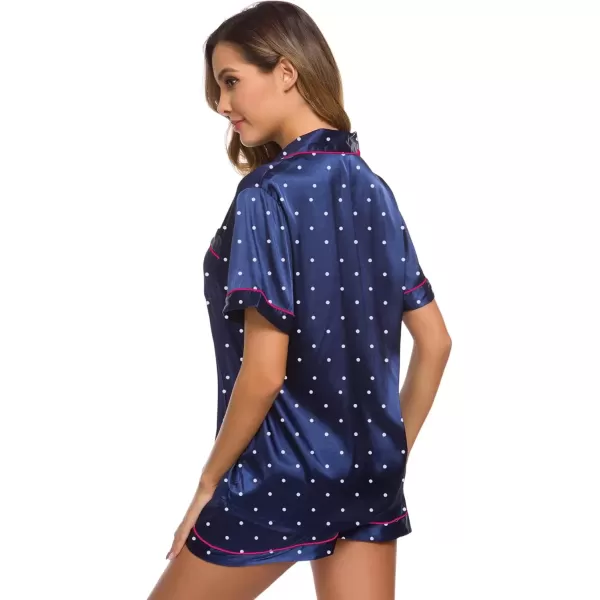 imageSWOMOG Womens Silk Satin Pajamas Set Short Sleeve Sleepwear Button Down Top and Shorts Loungewear 2 Piece Pjs Set XS3XLNavy Blue Dots