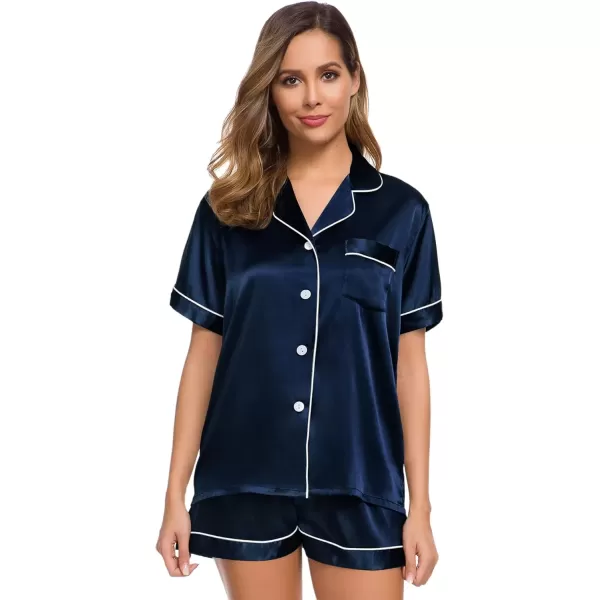 imageSWOMOG Womens Silk Satin Pajamas Set Short Sleeve Sleepwear Button Down Top and Shorts Loungewear 2 Piece Pjs Set XS3XLNavy Bw