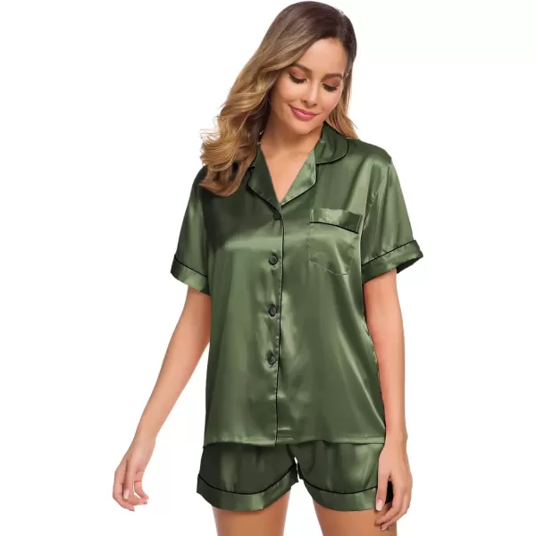 imageSWOMOG Womens Silk Satin Pajamas Set Short Sleeve Sleepwear Button Down Top and Shorts Loungewear 2 Piece Pjs Set XS3XLOlive Green