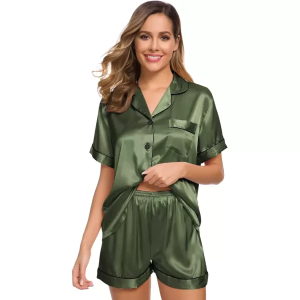 imageSWOMOG Womens Silk Satin Pajamas Set Short Sleeve Sleepwear Button Down Top and Shorts Loungewear 2 Piece Pjs Set XS3XLOlive Green