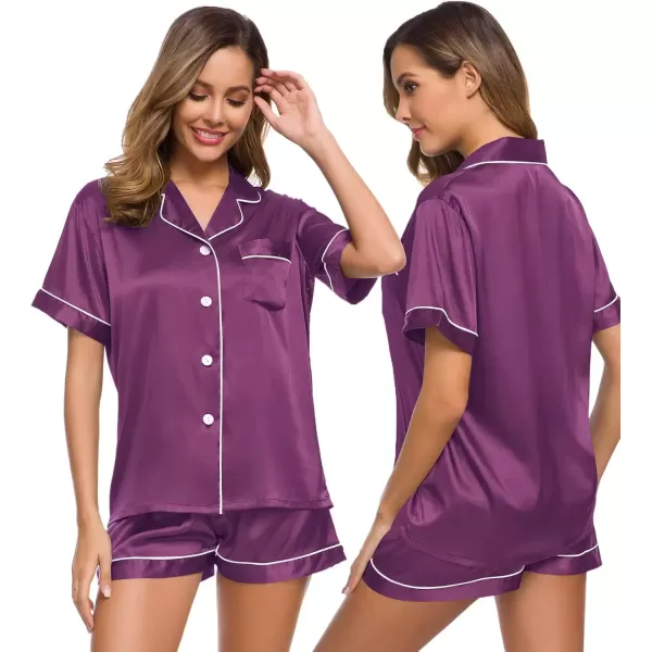 imageSWOMOG Womens Silk Satin Pajamas Set Short Sleeve Sleepwear Button Down Top and Shorts Loungewear 2 Piece Pjs Set XS3XLPearly Purple